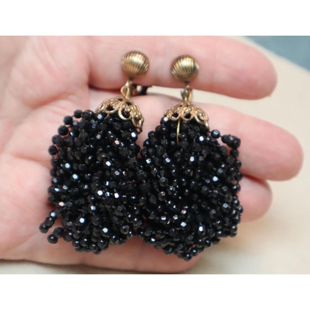 Vintage Black Beaded Hoop Earrings